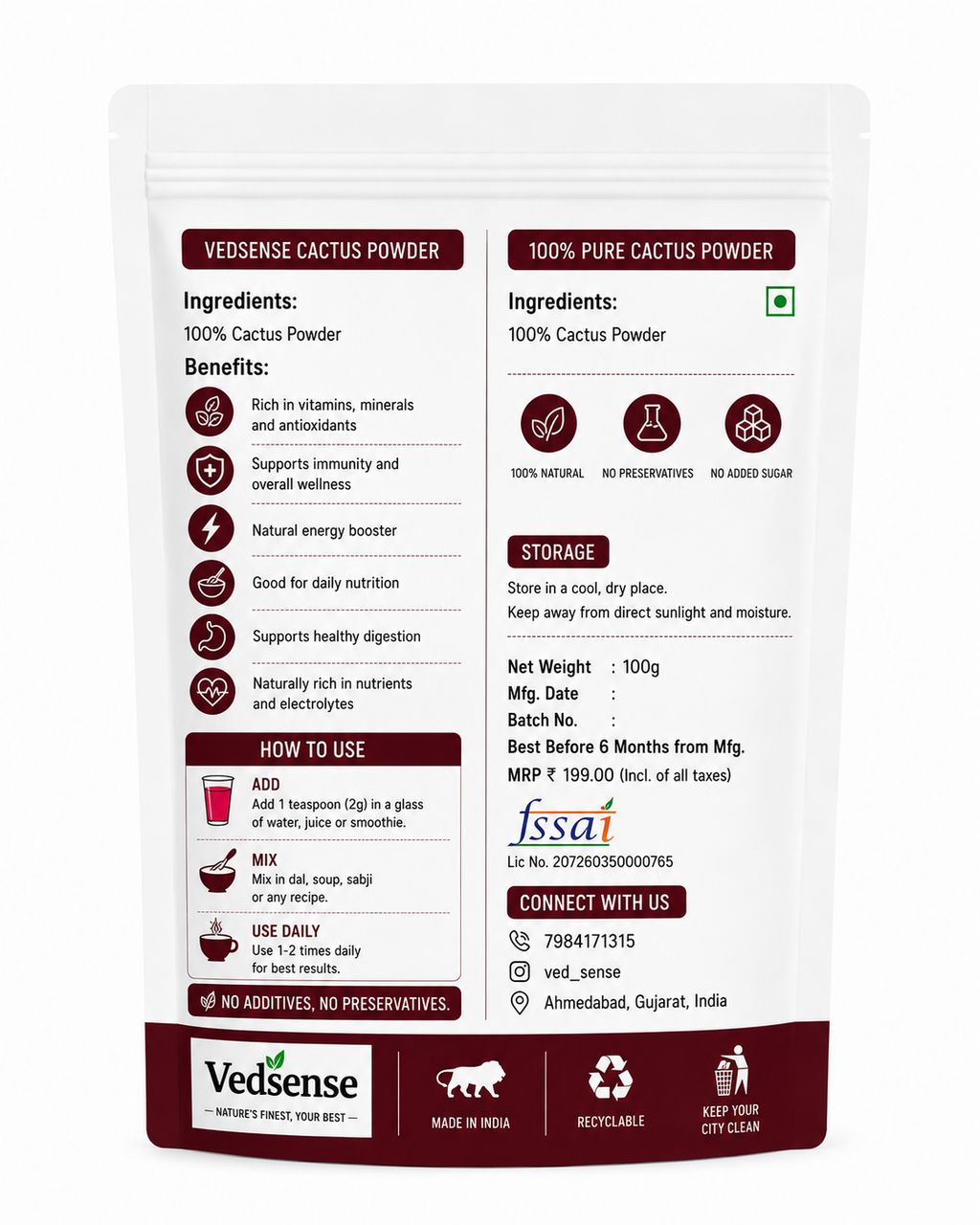 Vedsense Cactus Powder back label detailed view