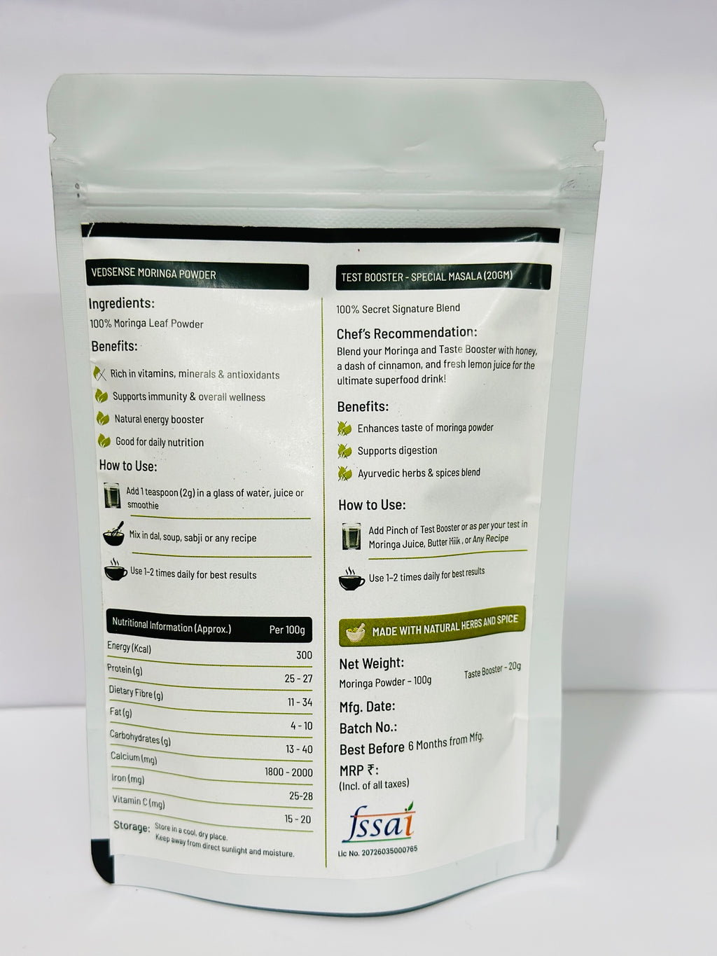 Vedsense Moringa Powder back with ingredients and nutritional info
