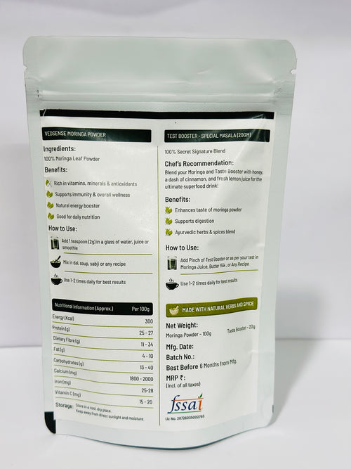 Vedsense Moringa Powder back with ingredients and nutritional info