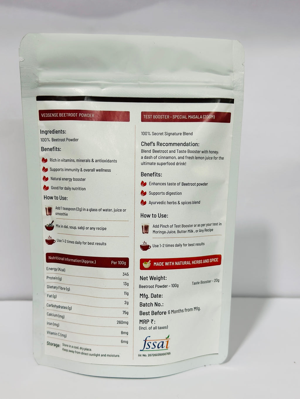 Vedsense Beetroot Powder back label with ingredients and nutritional info
