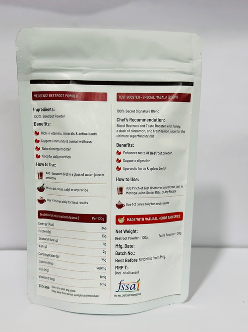 Vedsense Beetroot Powder back label with ingredients and nutritional info