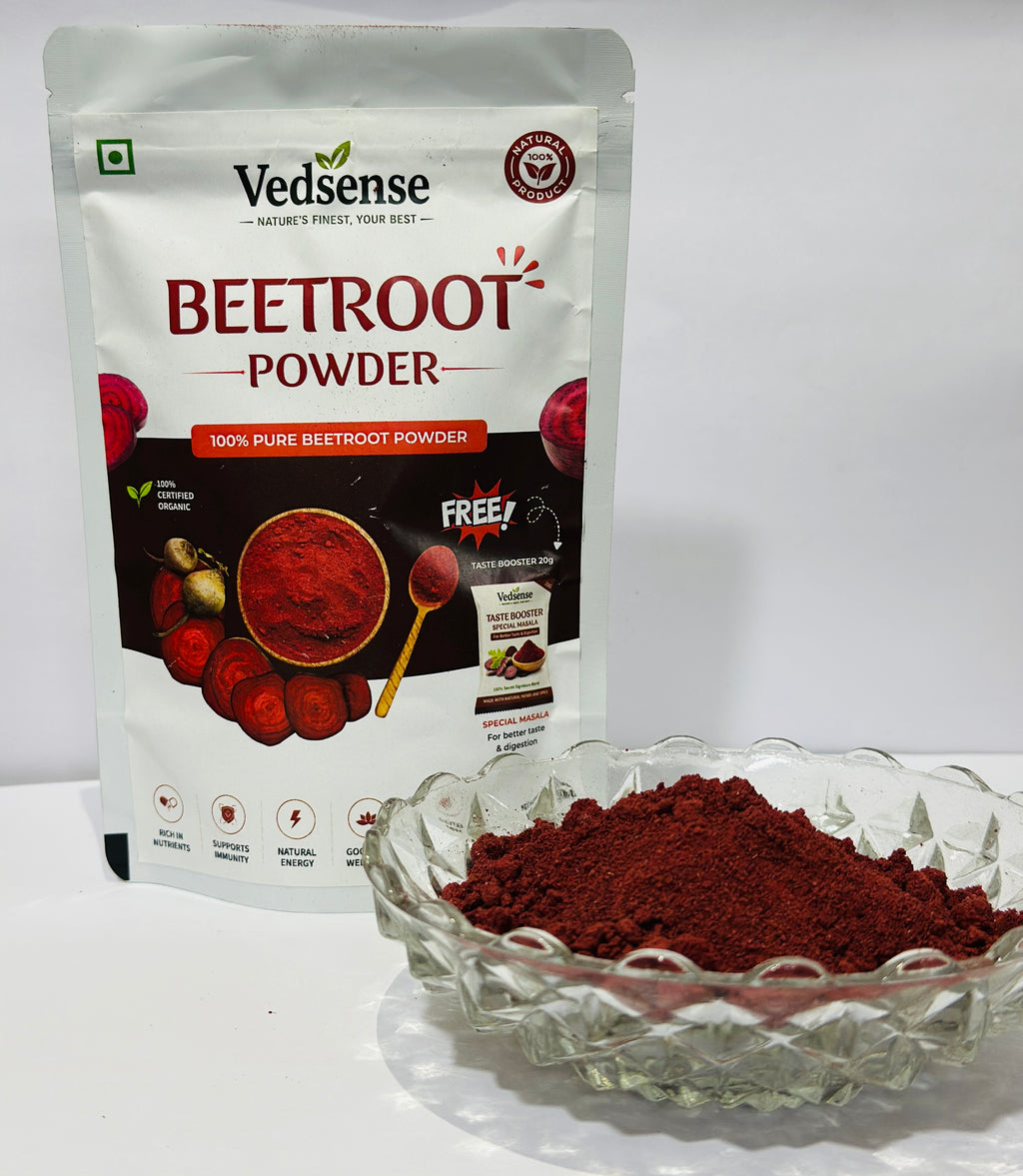 Vedsense Beetroot Powder front packaging with powder in glass bowl