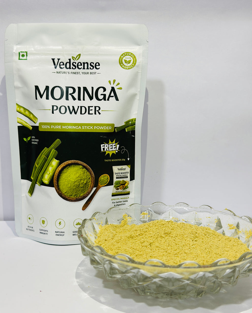Vedsense Moringa Stick Powder front view with powder in bowl