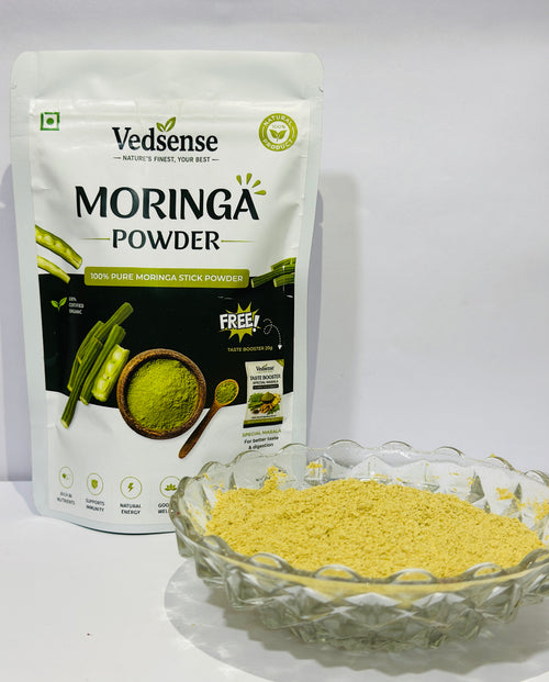 Vedsense Moringa Stick Powder front view with powder in bowl